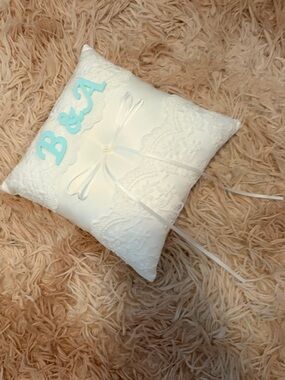 Ivory Lace Wedding Ring Pillow with Blue Initials